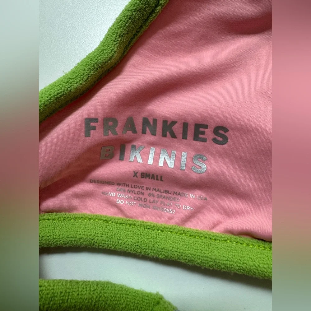 NWT Frankie's Bikinis Sawyer Terry Halter Bikini Top | Pink & Green | XS